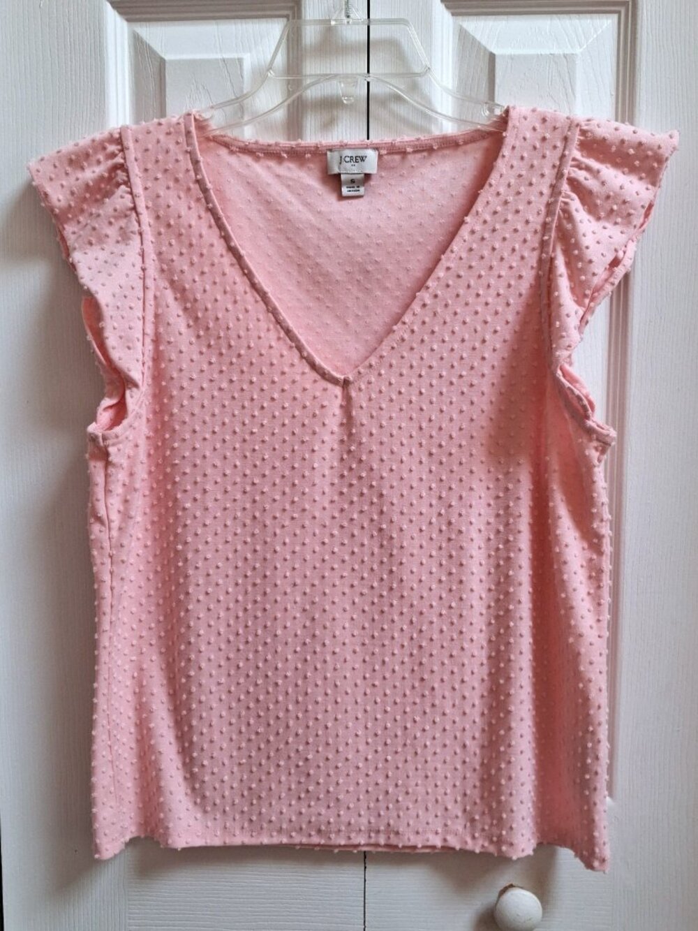 J CREW Women's Pink Swiss Dot V-Neck Flutter Sleeve Top sz S